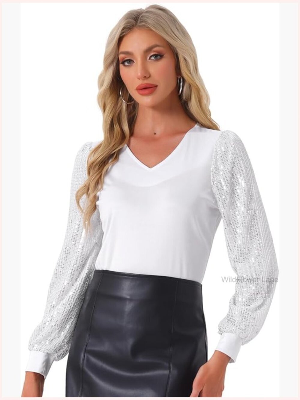 V Neck Sequin Sleeve Party Top Long Sleeve Sparkly Blouse